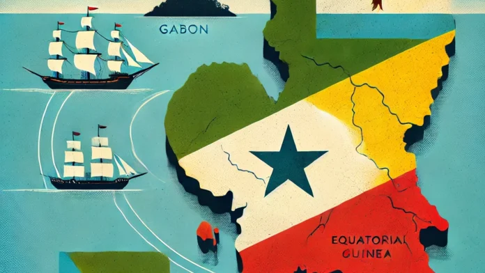 DALL·E 2024-10-03 10.59.03 - A conceptual illustration depicting the territorial dispute between Gabon and Equatorial Guinea. The image should include a stylized map showing the i