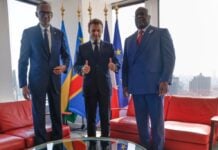 Payal Kagame, Emmanuel Macron et Félix Tshisekedi