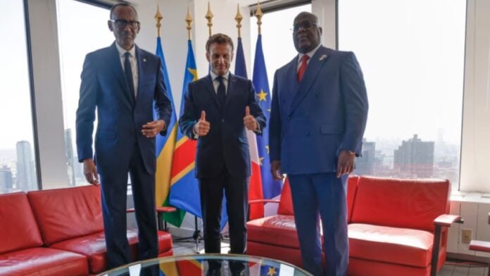 Payal Kagame, Emmanuel Macron et Félix Tshisekedi