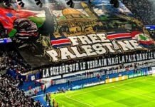 Mercredi, 6 novembre 2024.Tifo propalestinien déployé par les supporters de Paris-Saint-Germain au Parc des Princes